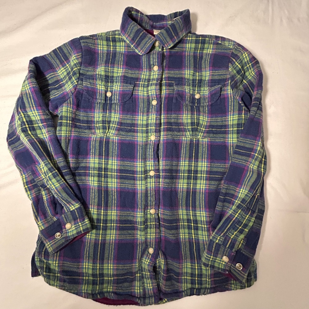 LL Bean Kids Fleece Lined Flannel Shirt Plaid Blue‎ Purple Green M 10-12 295243